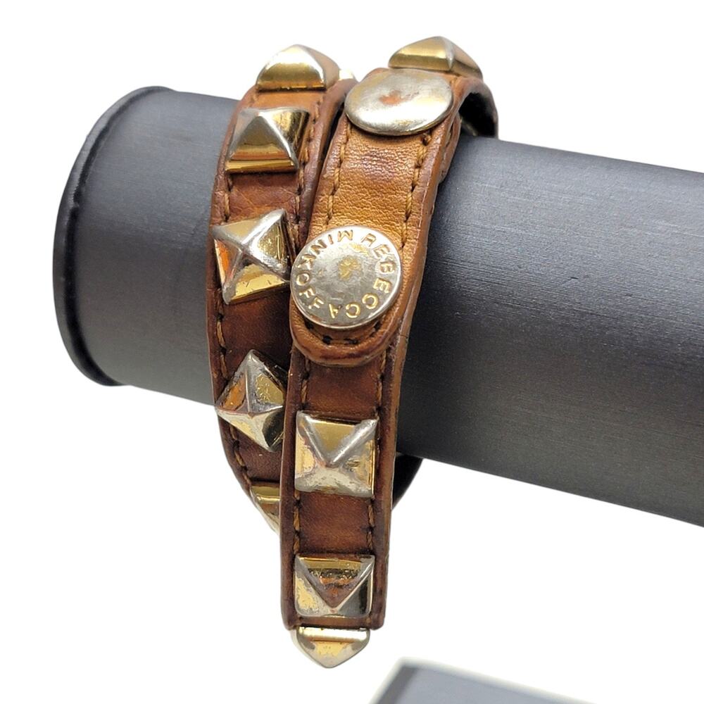Rebecca Minkoff Studded Leather Double Wrap Bracelet Brown Gold Moto Snap